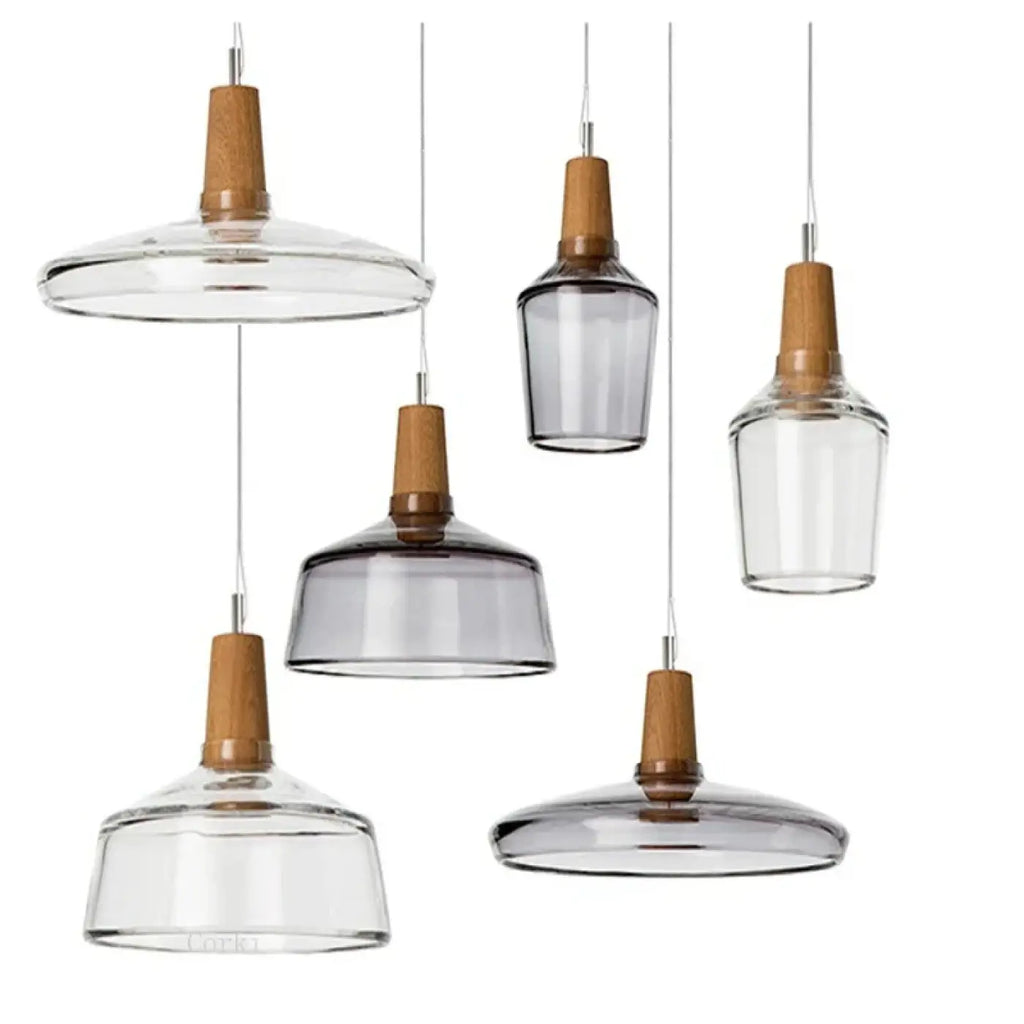 Suspension en verre et bois, transparent, gris fumé ou ambre
