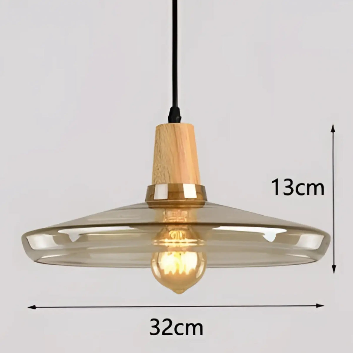 Suspension en verre et bois, transparent, gris fumé ou ambre, ambre