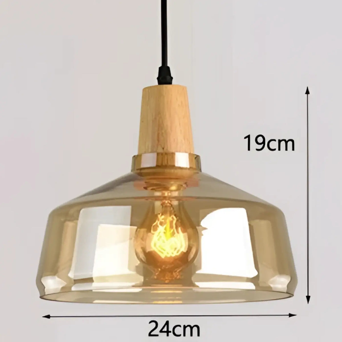 Suspension en verre et bois, transparent, gris fumé ou ambre, ambre