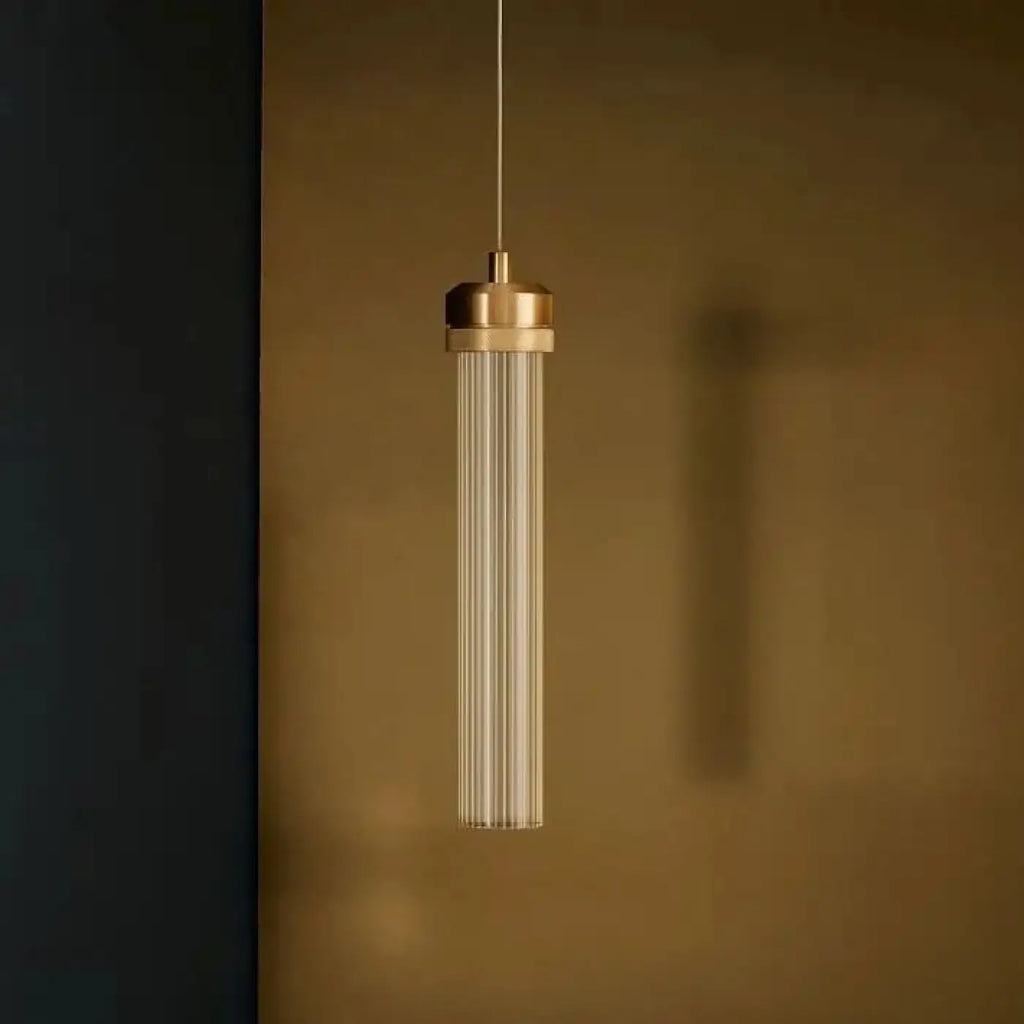 Suspension cylindre en verre rainuré et laiton doré, 4 tailles