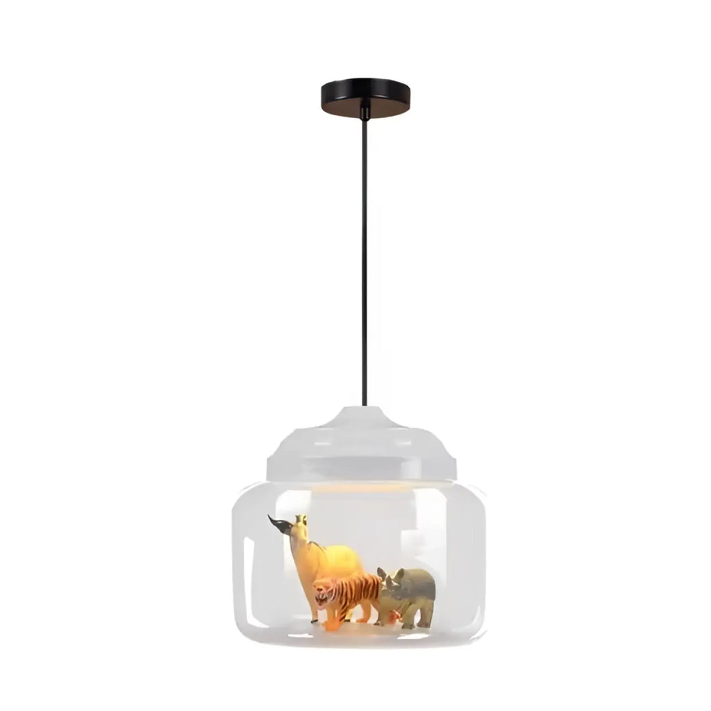 Suspension cloche en verre transparent avec animaux sauvages, blanc