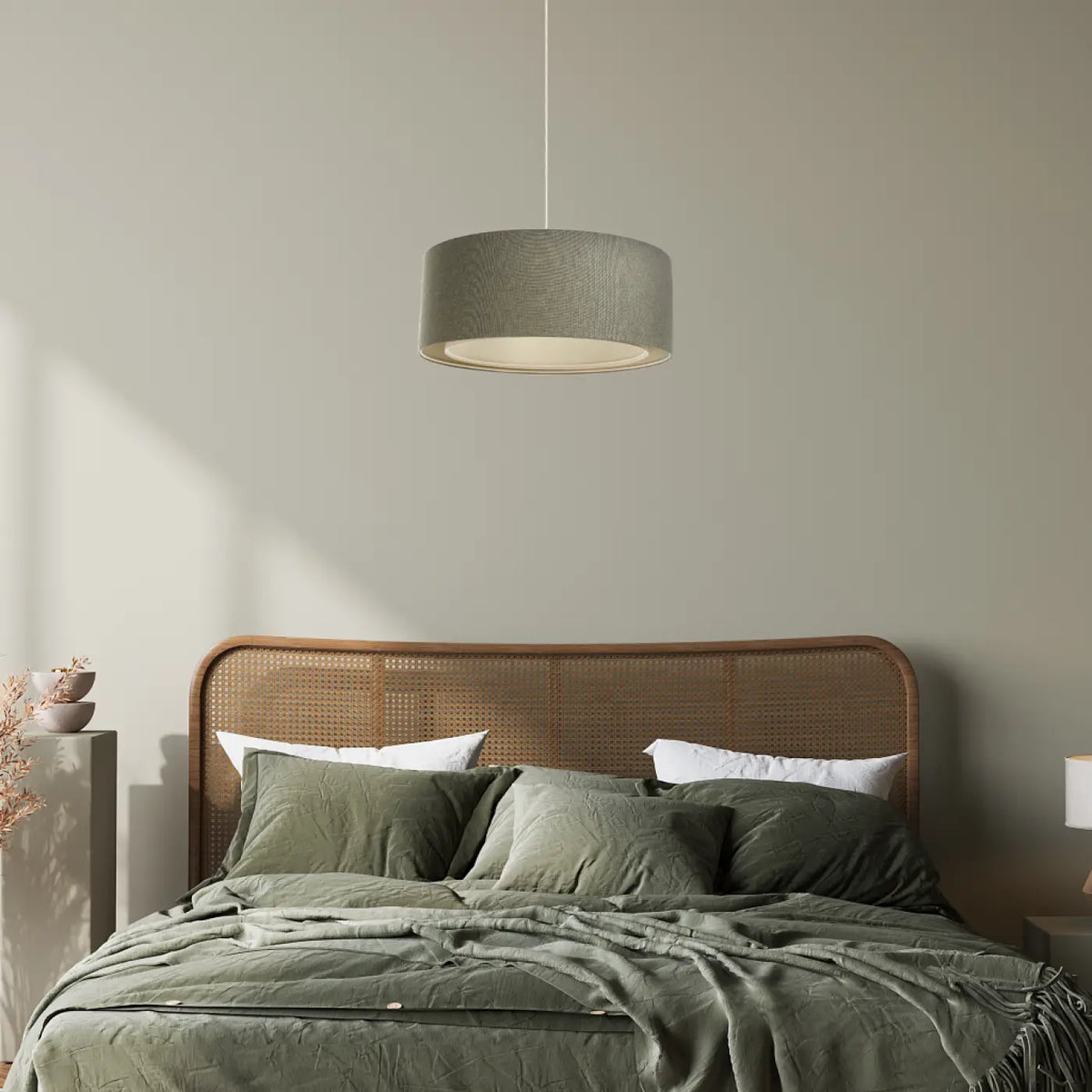 Suspension cylindrique en tissu vert gris et écru, tailles S, M, L