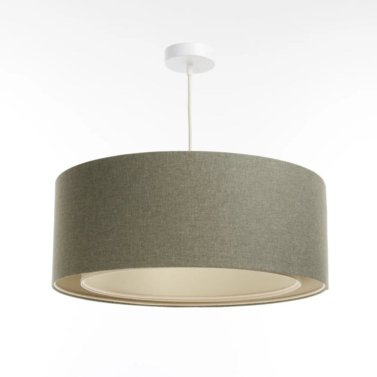 Suspension cylindrique en tissu vert gris et écru, tailles S, M, L
