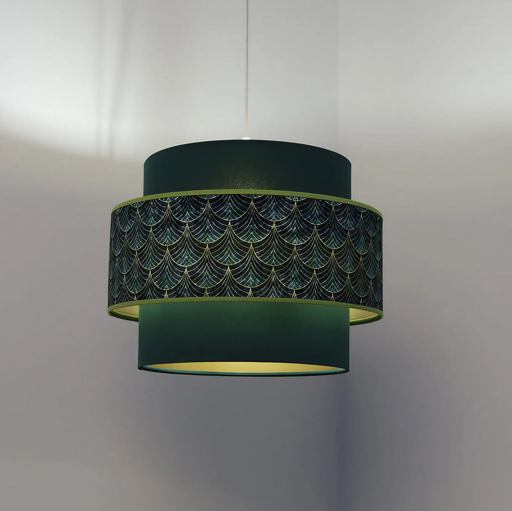 Suspension double cylindre verte à motif Art déco doré