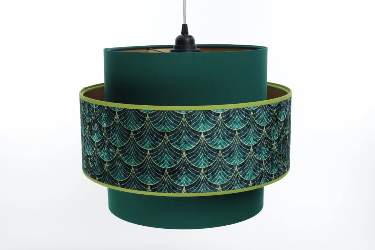 Suspension double cylindre verte à motif Art déco doré