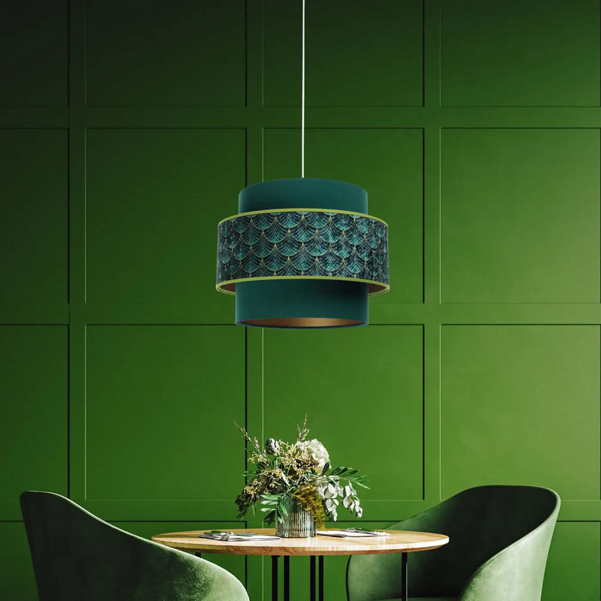 Suspension double cylindre verte à motif Art déco doré