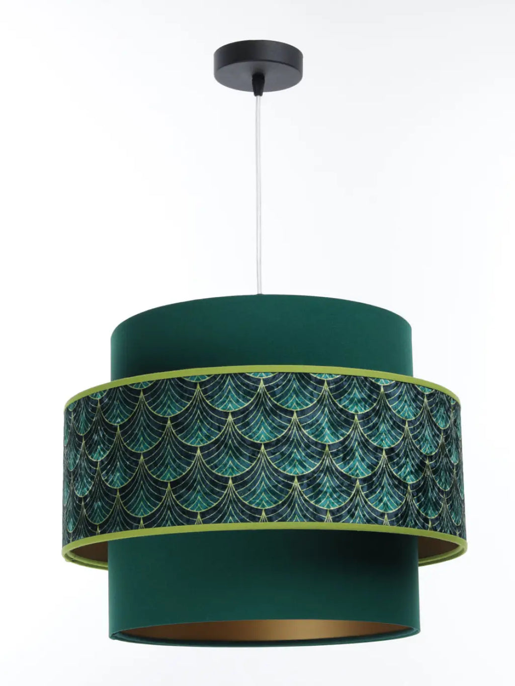 Suspension double cylindre verte à motif Art déco doré