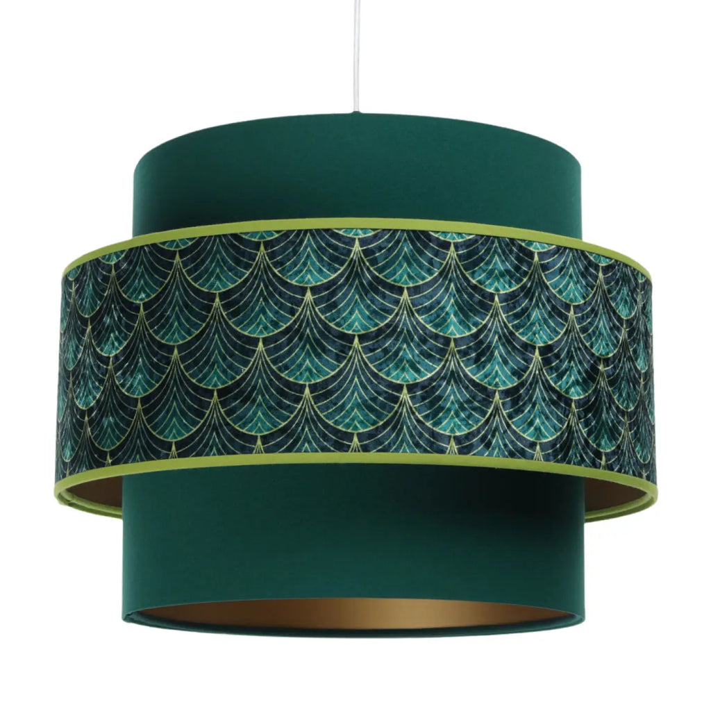 Suspension double cylindre verte à motif Art déco doré