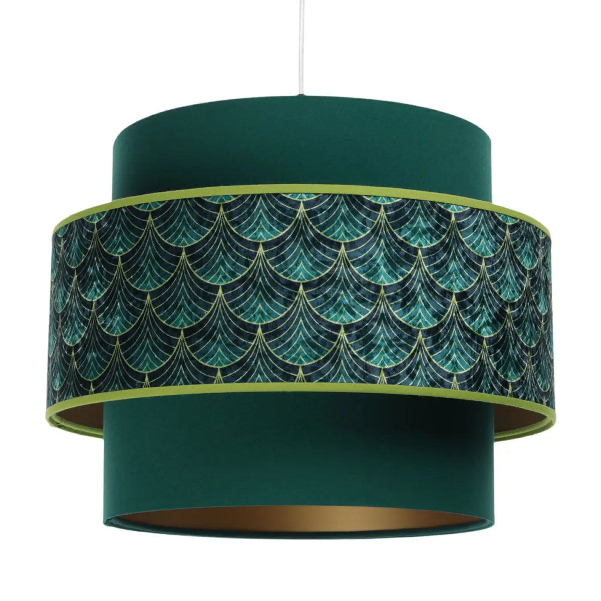 Suspension double cylindre verte à motif Art déco doré