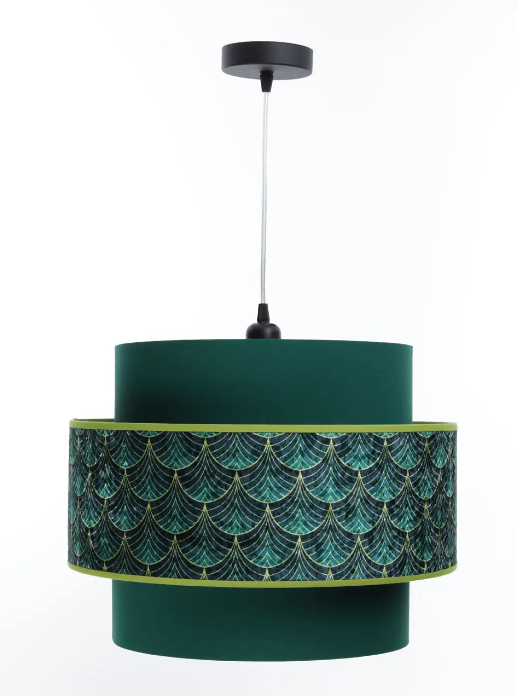 Suspension double cylindre verte à motif Art déco doré