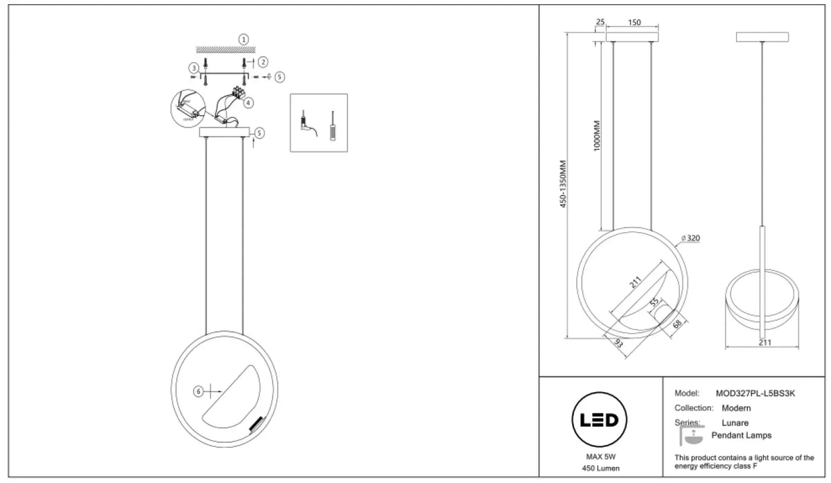 Suspension LED disque doré et globe en verre, effet éclipse