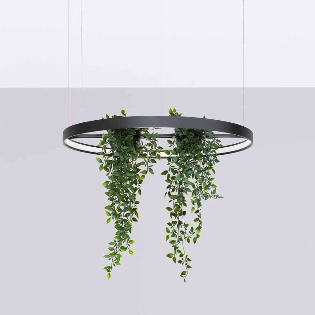 Suspension anneau LED noire avec plantes au centre, 78 ou 110 cm