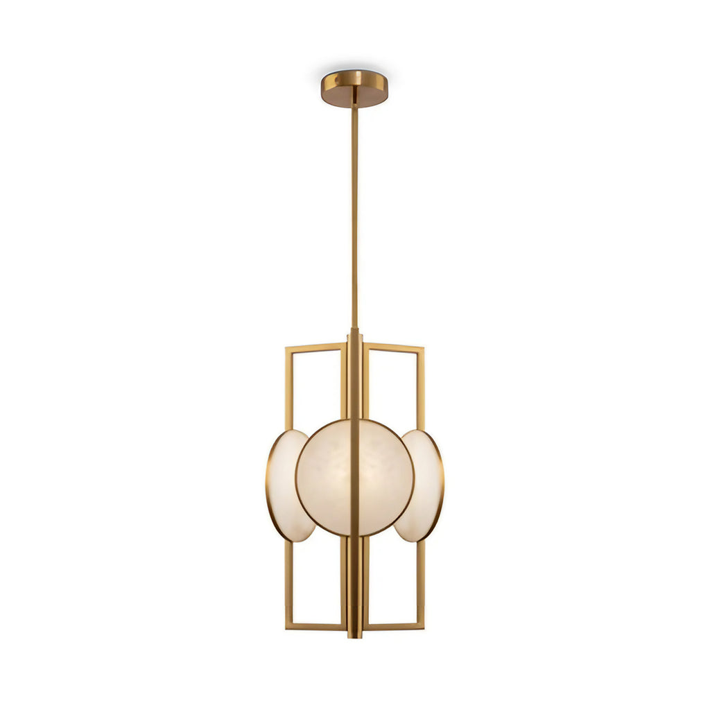 Suspension en marbre blanc, verre et acier doré, culot E14