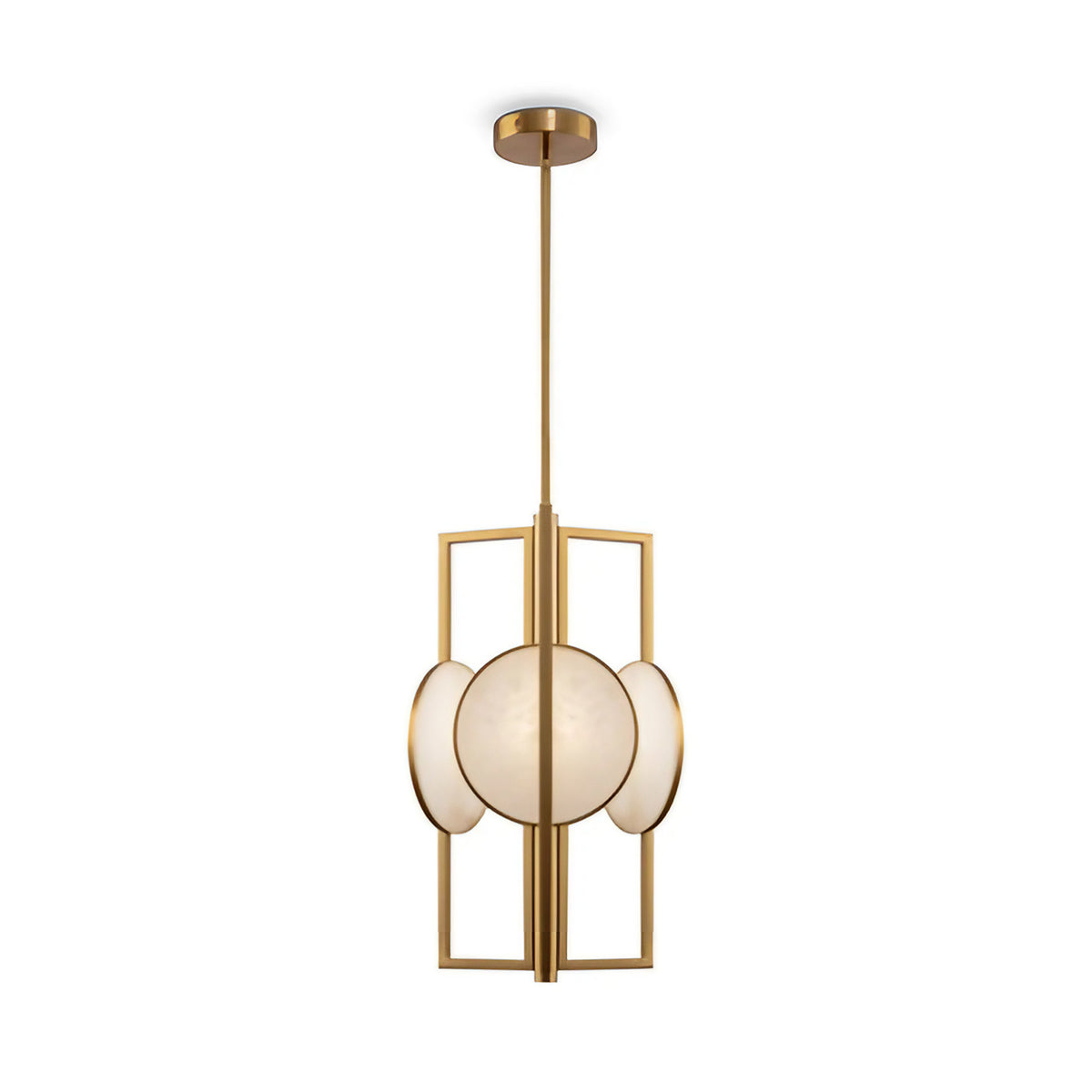 Suspension en marbre blanc, verre et acier doré, culot E14