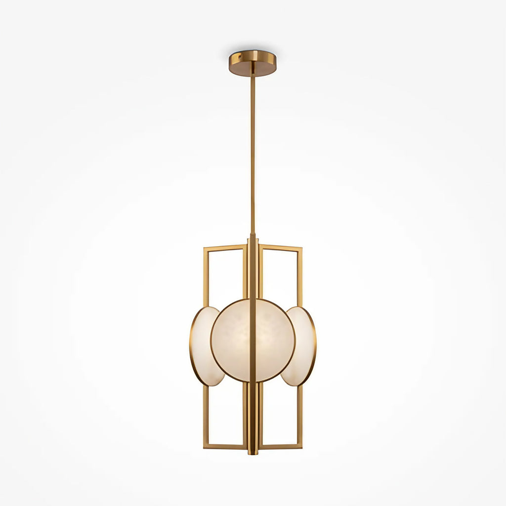Suspension en marbre blanc, verre et acier doré, culot E14