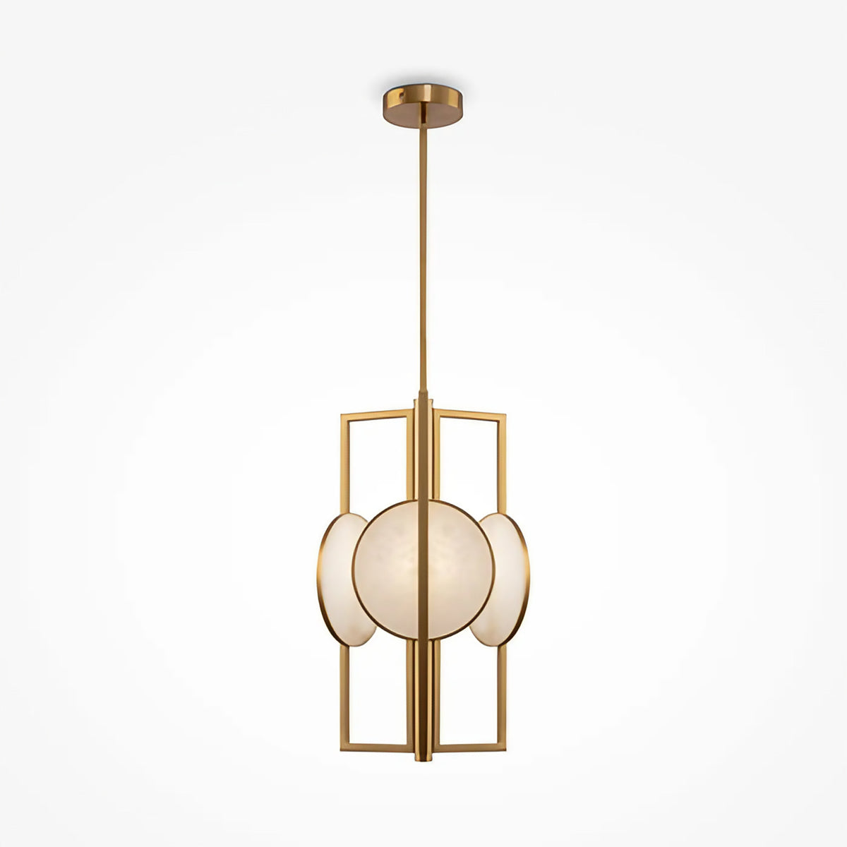 Suspension en marbre blanc, verre et acier doré, culot E14