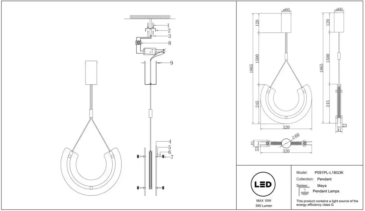 Suspension LED en verre plié sur monture dorée, 32 cm
