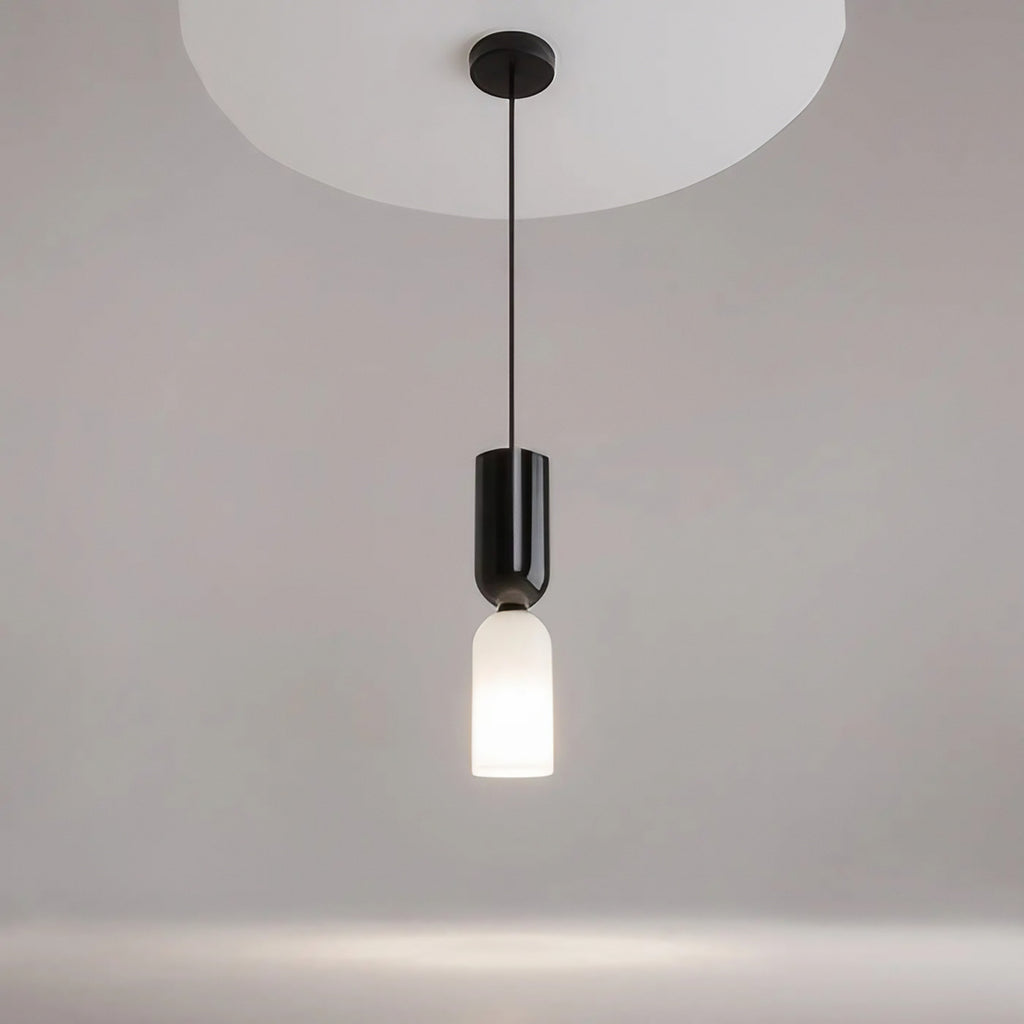 Petite suspension tube en verre et acier, culot E14, noir