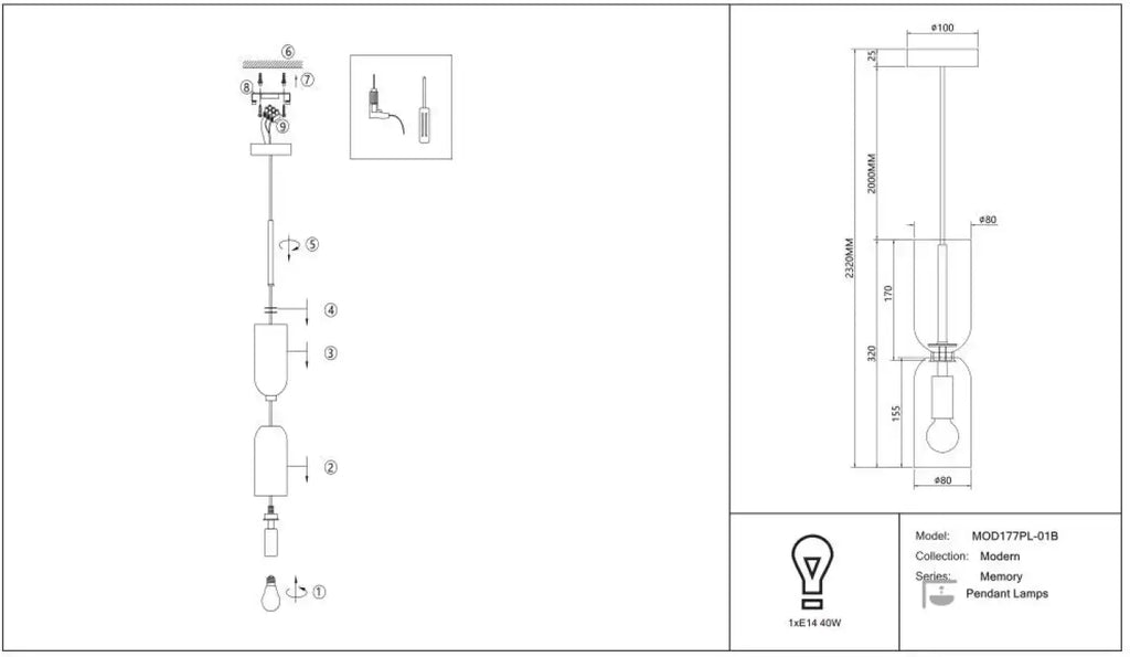 Petite suspension tube en verre et acier, culot E14