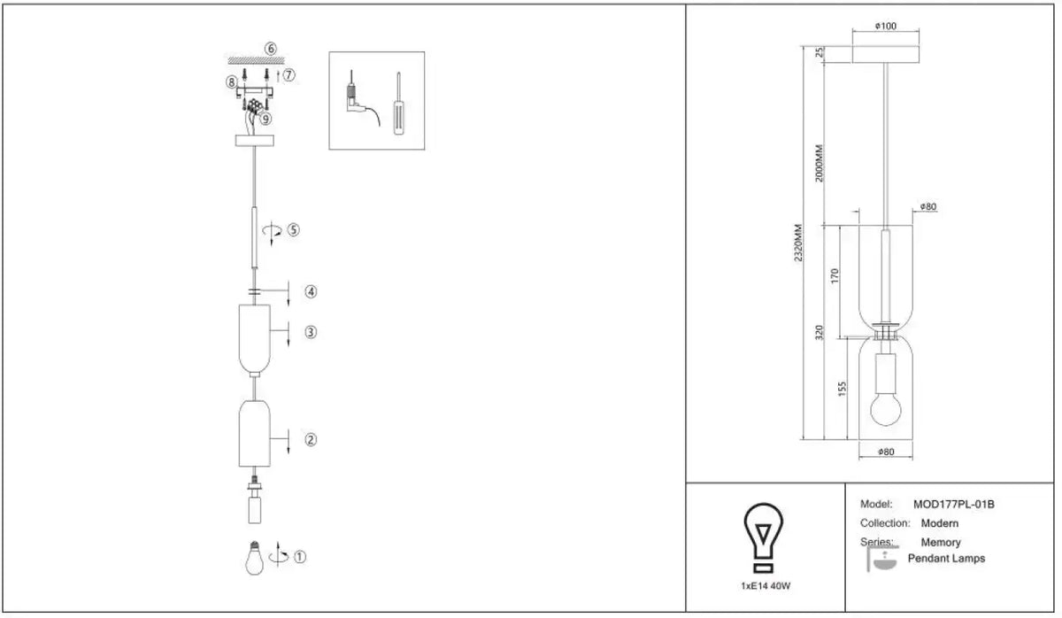 Petite suspension tube en verre et acier, culot E14