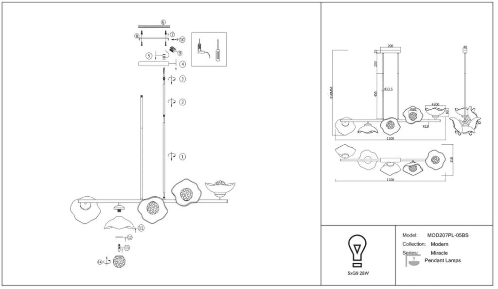 Suspension barre dorée à cinq diffuseurs, 110 cm, culots G9