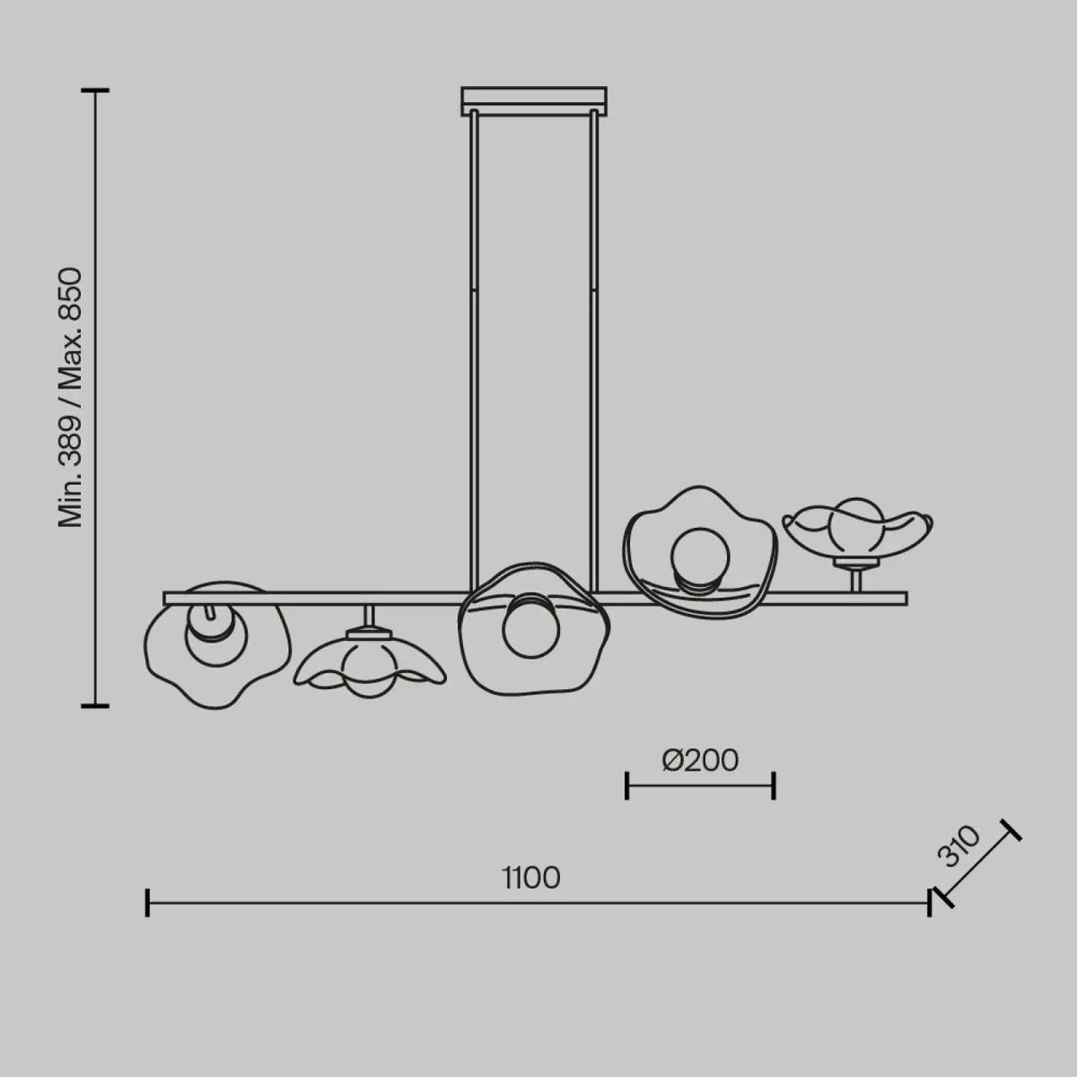 Suspension barre dorée à cinq diffuseurs, 110 cm, culots G9