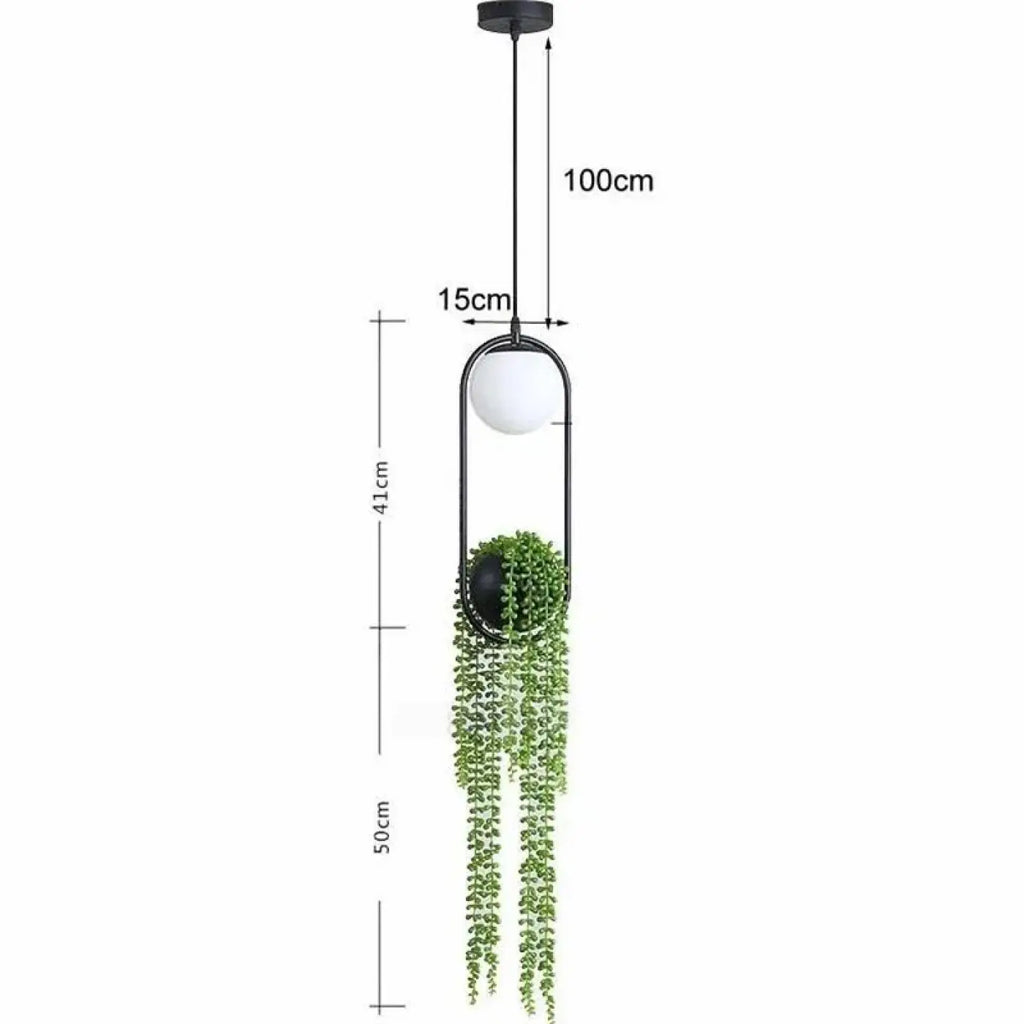 Suspension anneau noir avec feuillage artificiel et globe LED