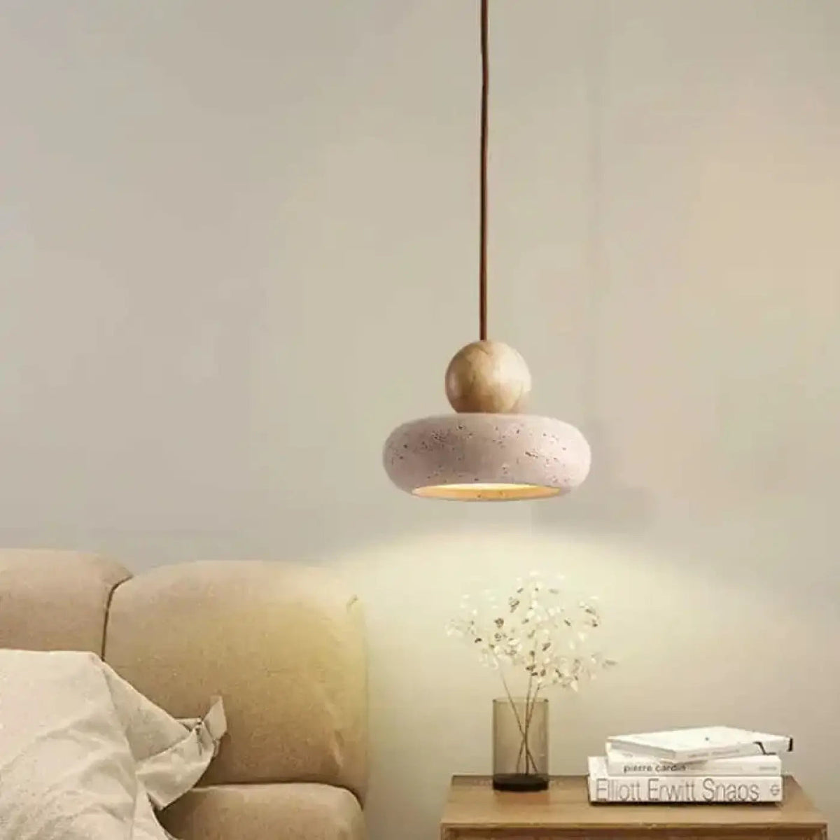 Suspension en forme de donut, béton et bois, beige ou marron, beige