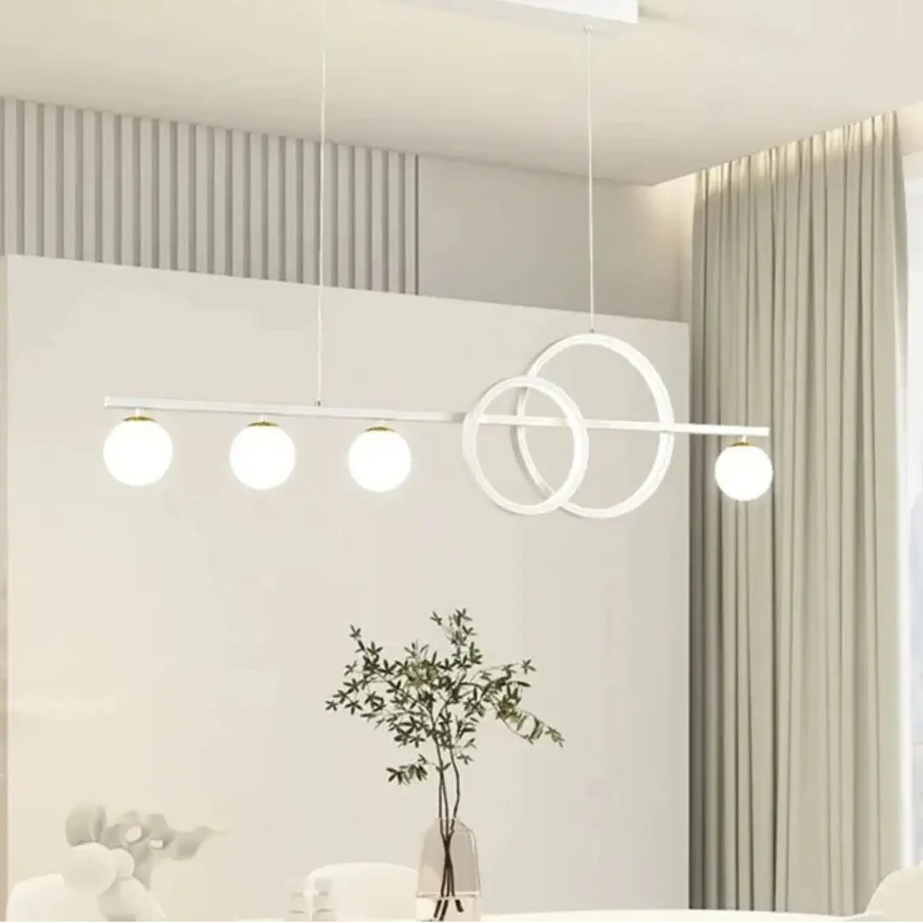 Suspension LED blanche, barre linéaire et anneaux lumineux