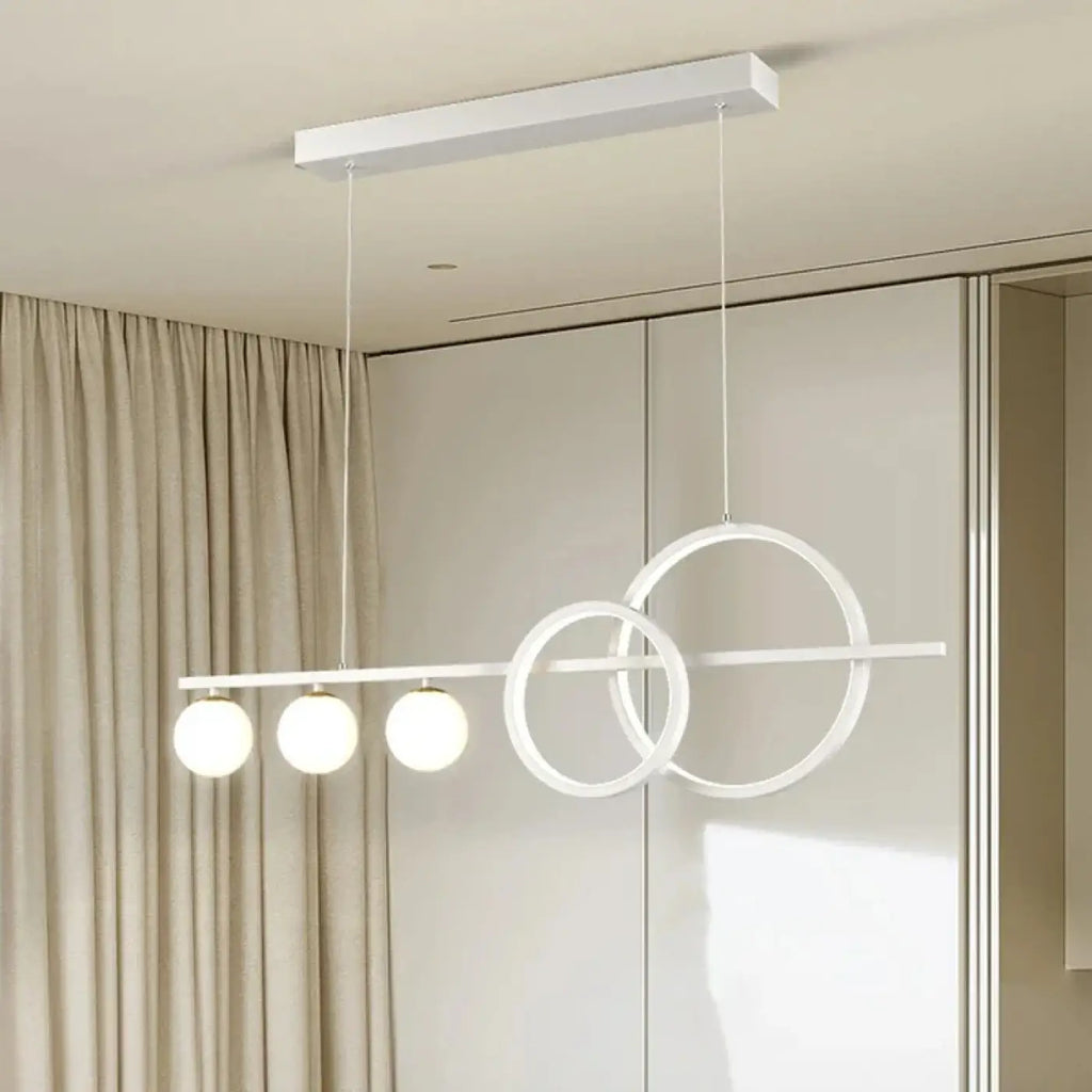 Suspension LED blanche, barre linéaire et anneaux lumineux