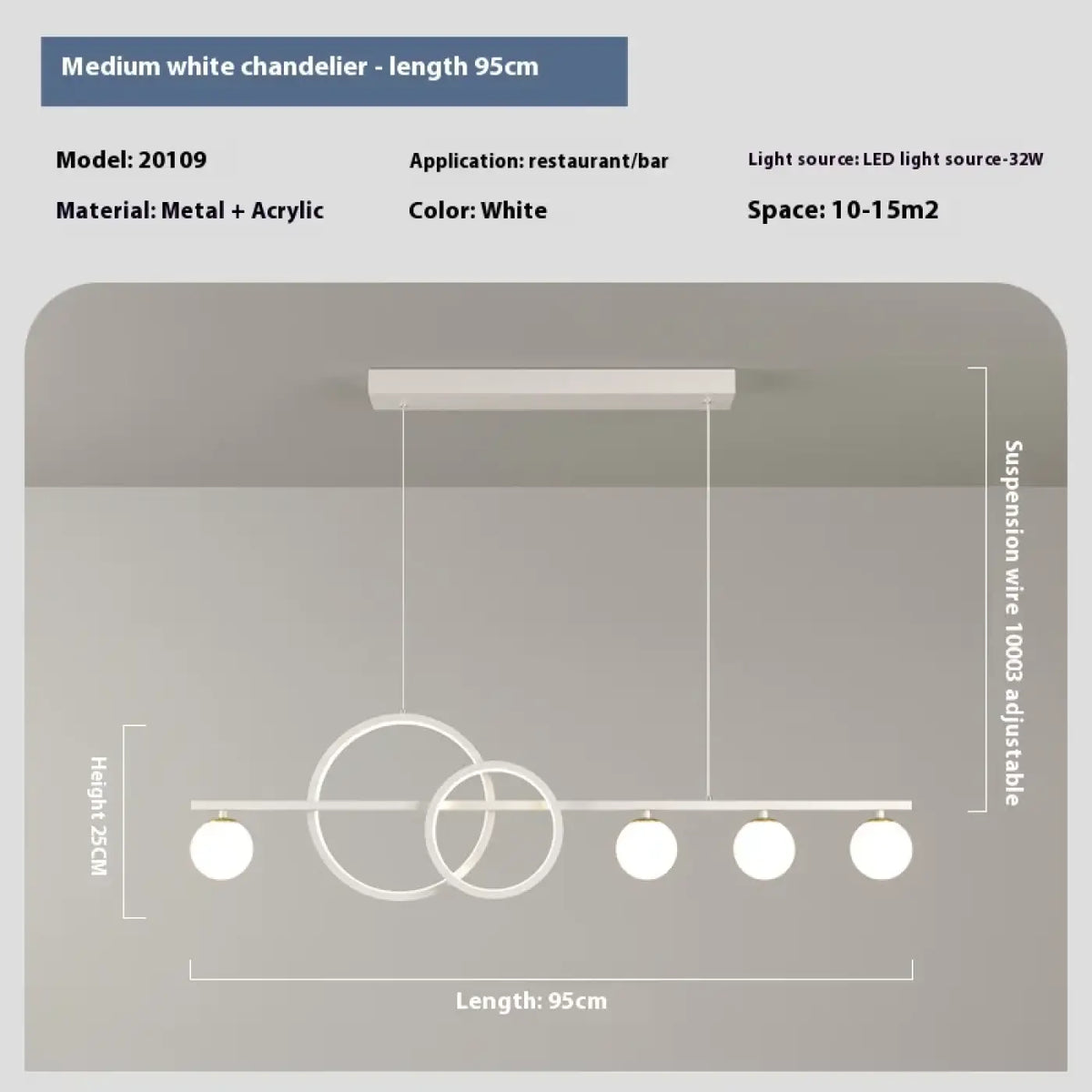 Suspension LED blanche, barre linéaire et anneaux lumineux