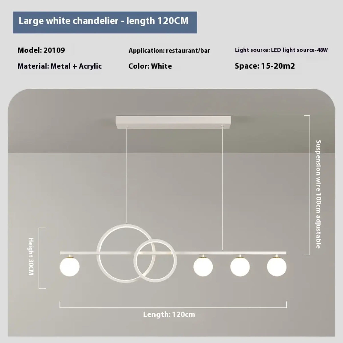 Suspension LED blanche, barre linéaire et anneaux lumineux