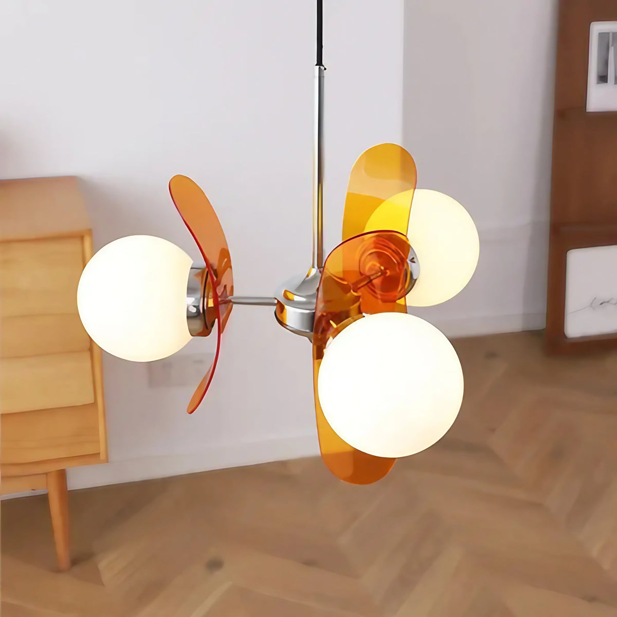 Suspension globes en verre et chrome, rétro, marron ou orange, orange