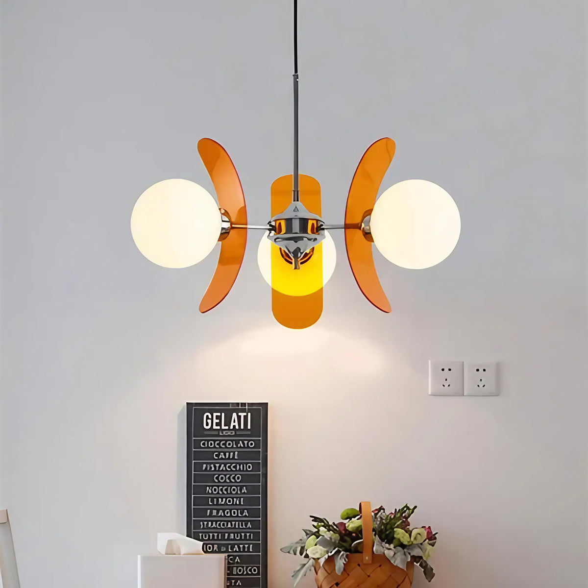 Suspension globes en verre et chrome, rétro, marron ou orange, orange