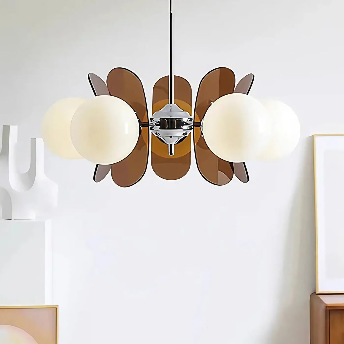 Suspension globes en verre et chrome, rétro, marron ou orange, marron