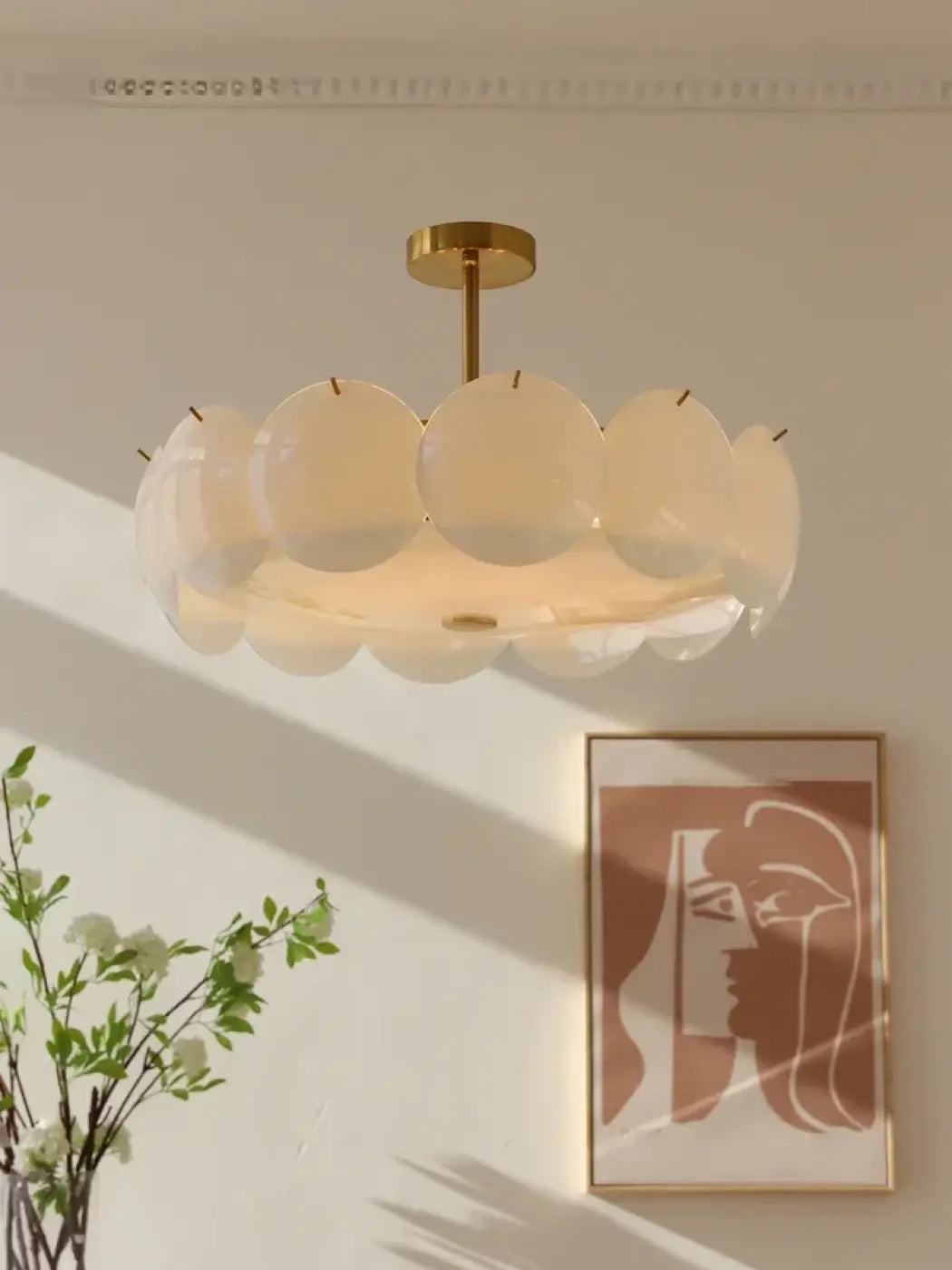 Suspension à disques de verre opalin et laiton doré, tailles S à L