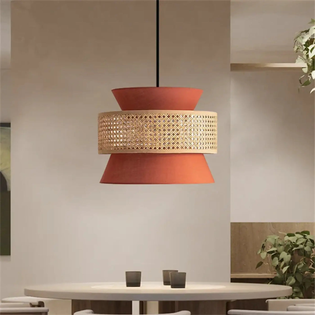 Suspension à deux abat-jour, rotin et terracotta, tailles S, M, L