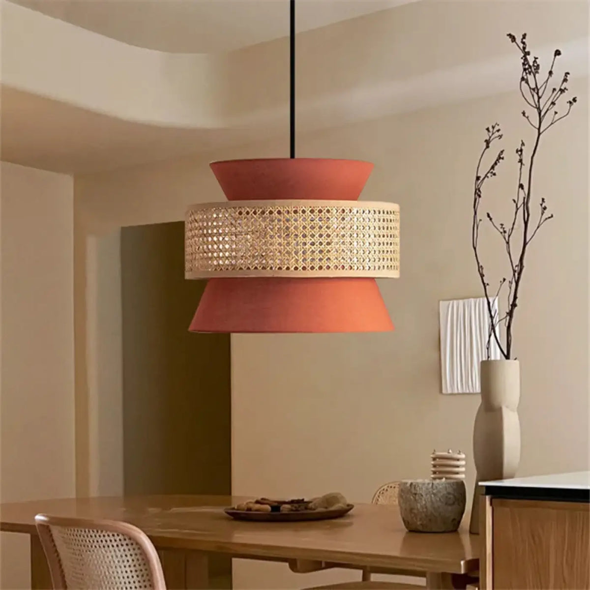 Suspension à deux abat-jour, rotin et terracotta, tailles S, M, L