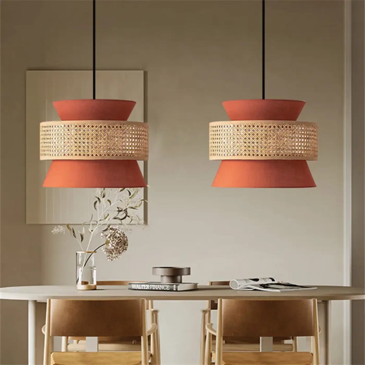 Suspension à deux abat-jour, rotin et terracotta, tailles S, M, L