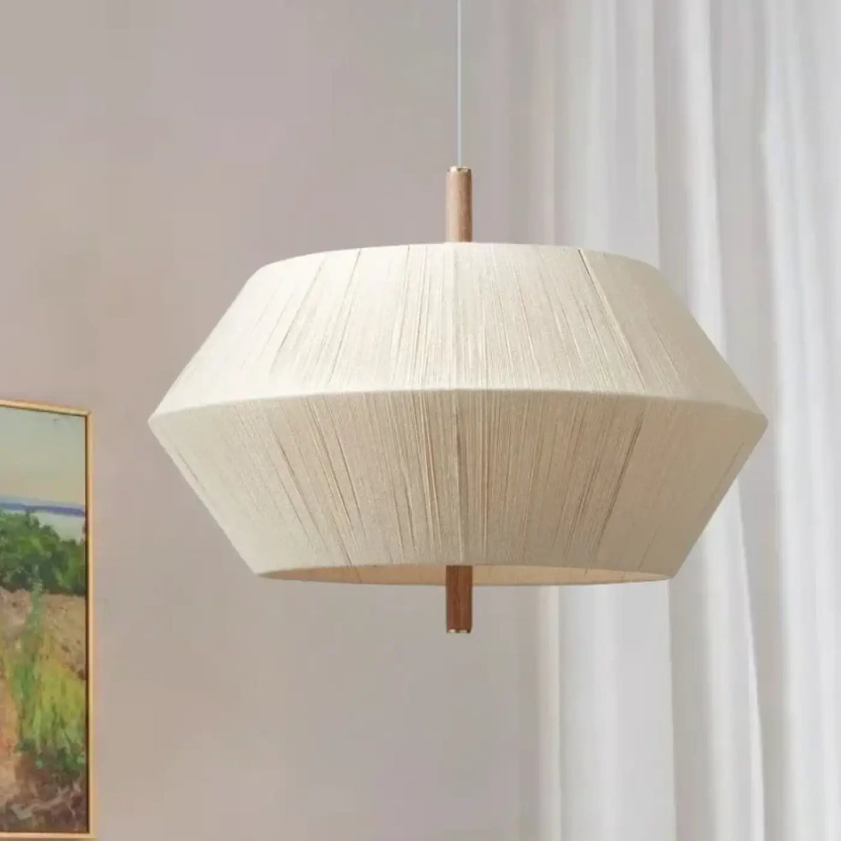 Suspension en lin avec détails en bois, beige ou blanc, blanc