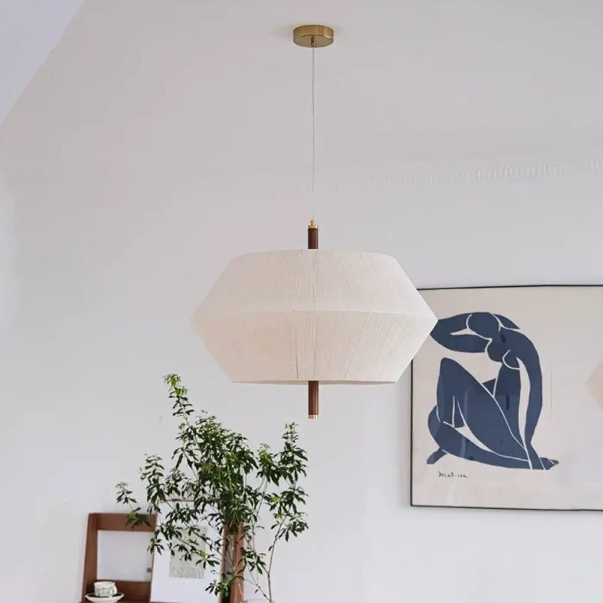 Suspension en lin avec détails en bois, beige ou blanc, blanc