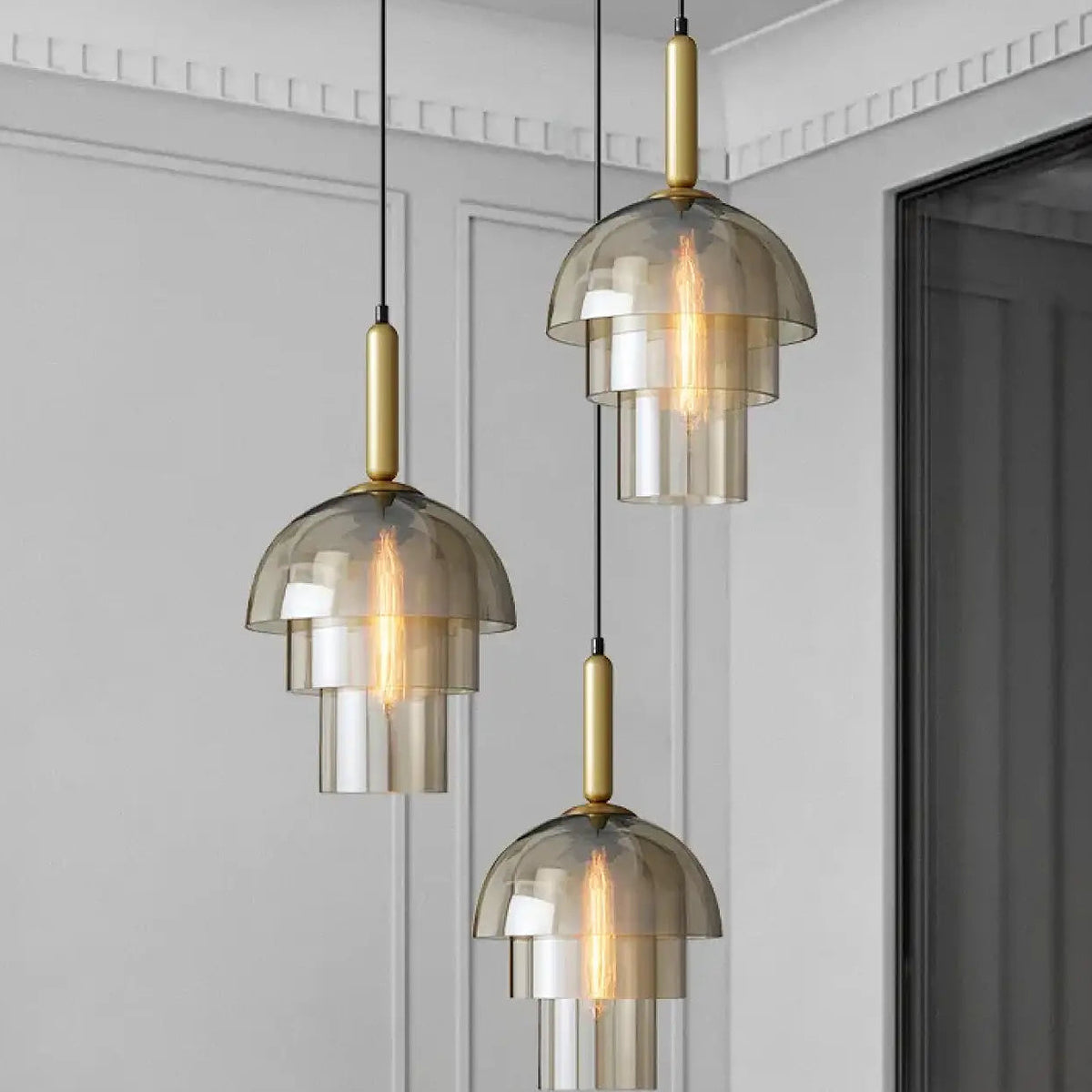 Suspension art déco en verre fumé et laiton, tailles S et M