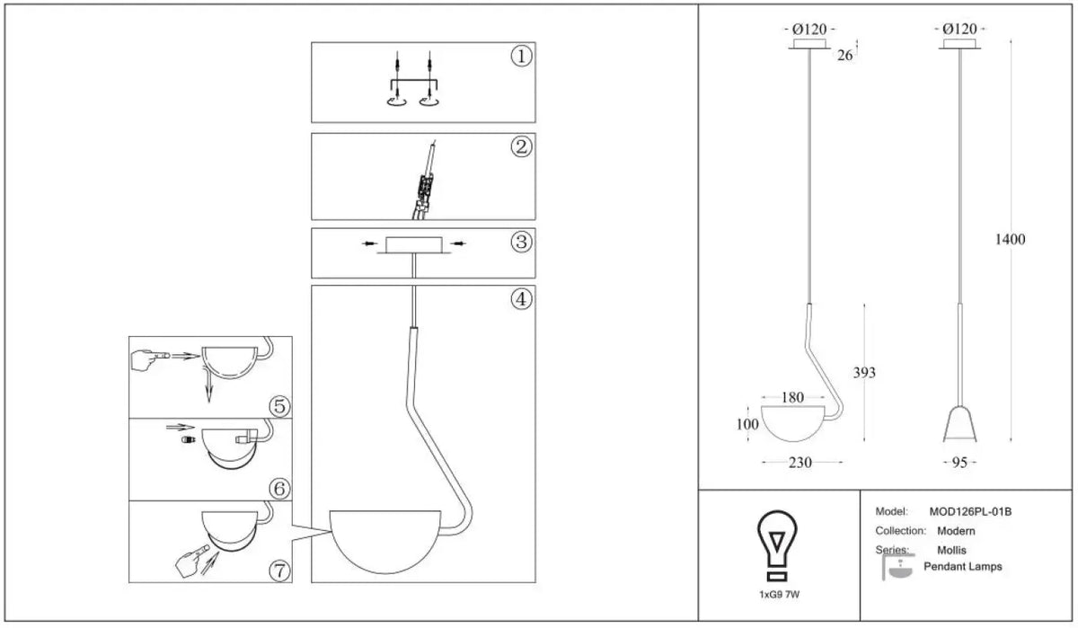 Suspension feuille pliée en acier noir mat, culot G9