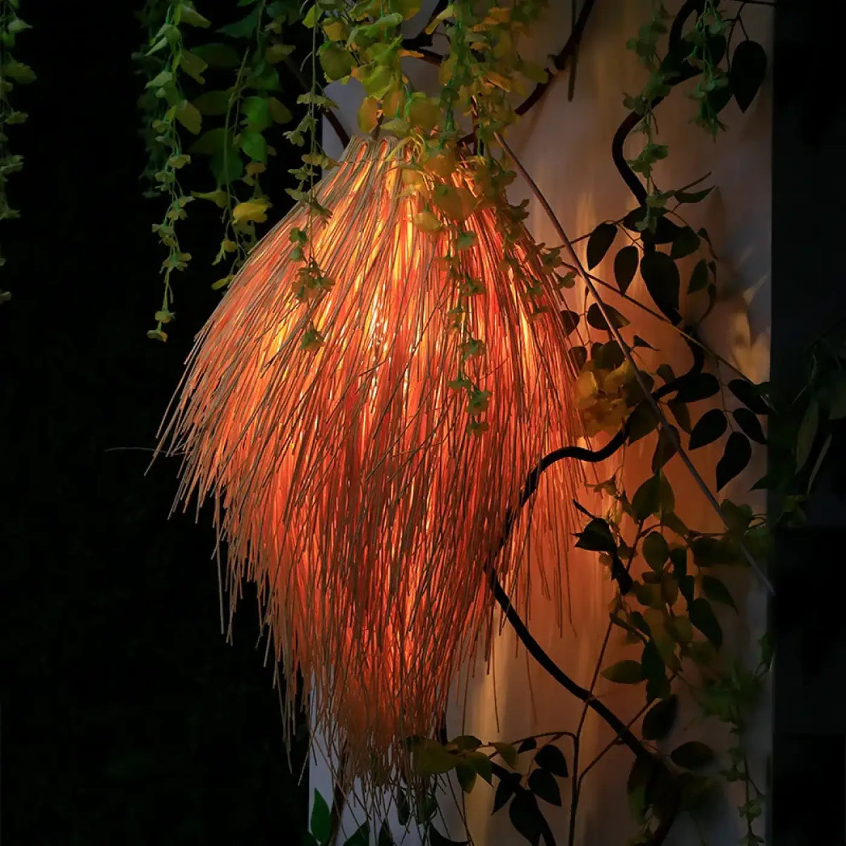 Suspension en raphia effet plume, bohème chic, blanche ou beige