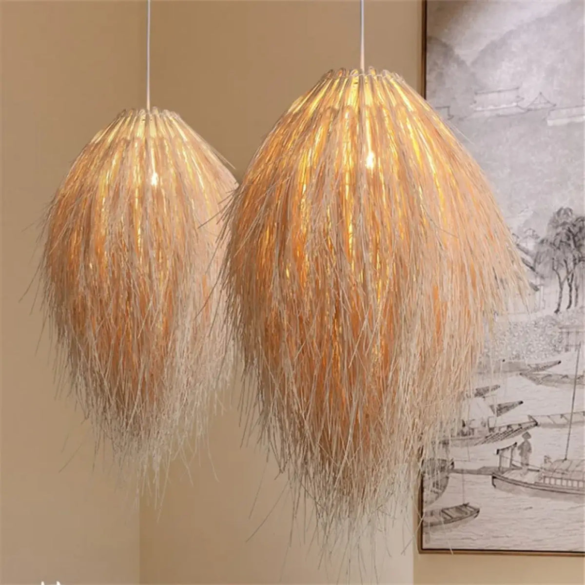 Suspension en raphia effet plume, bohème chic, blanche ou beige, blanc