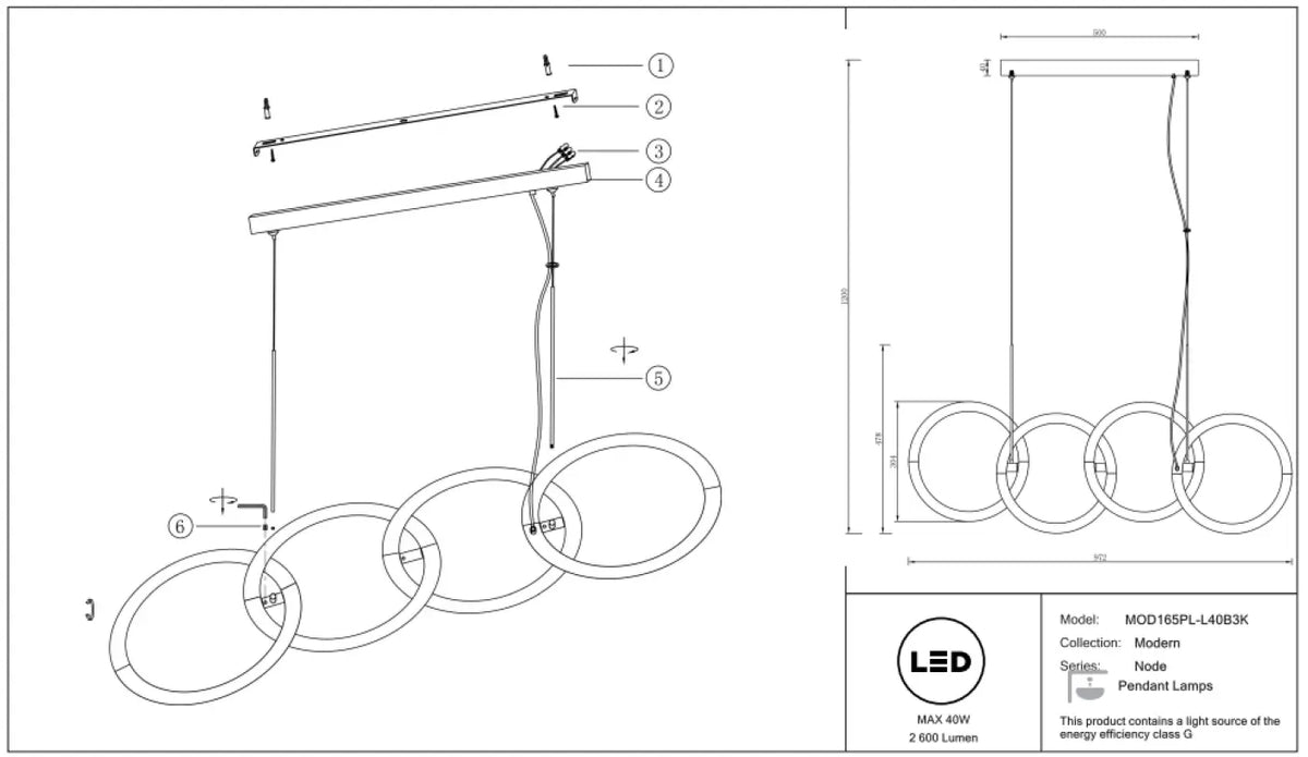 Suspension LED en ruban noué de 100 cm, noir ou doré