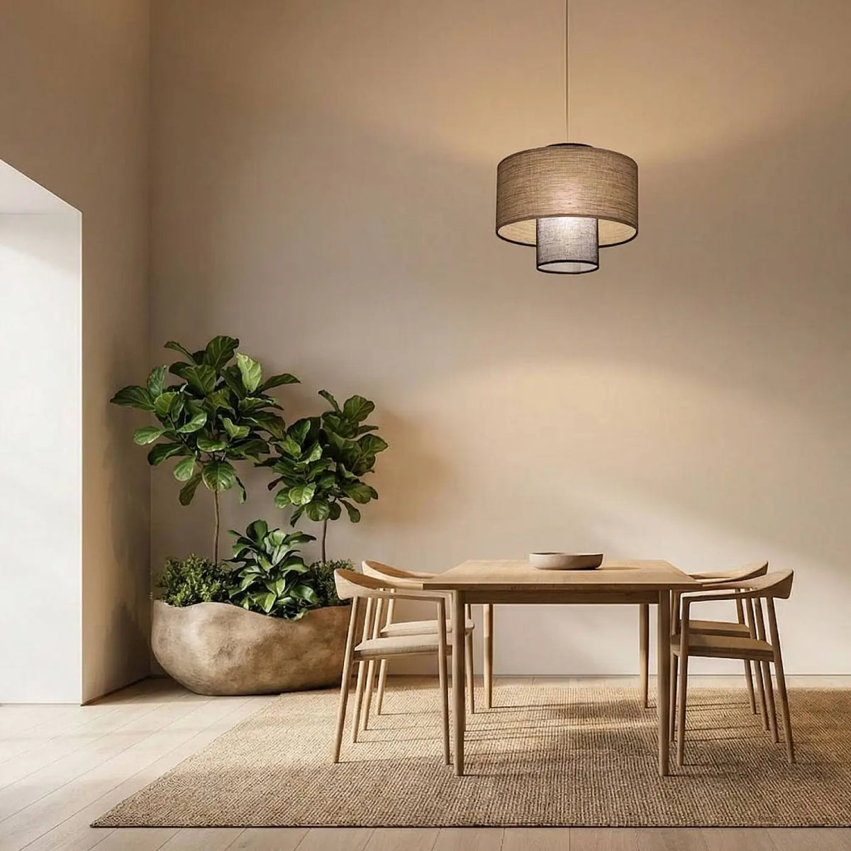 Suspension en tissu beige et noir à deux abat-jour