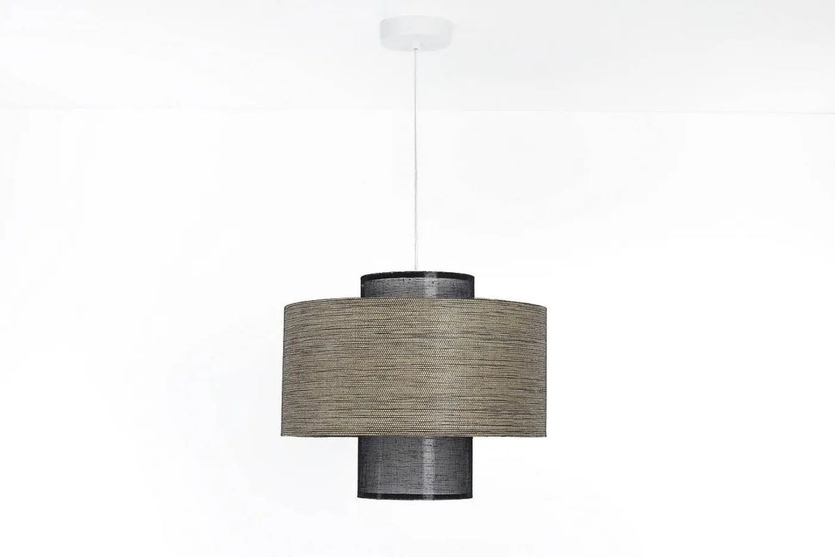 Suspension en tissu beige et noir à deux abat-jour