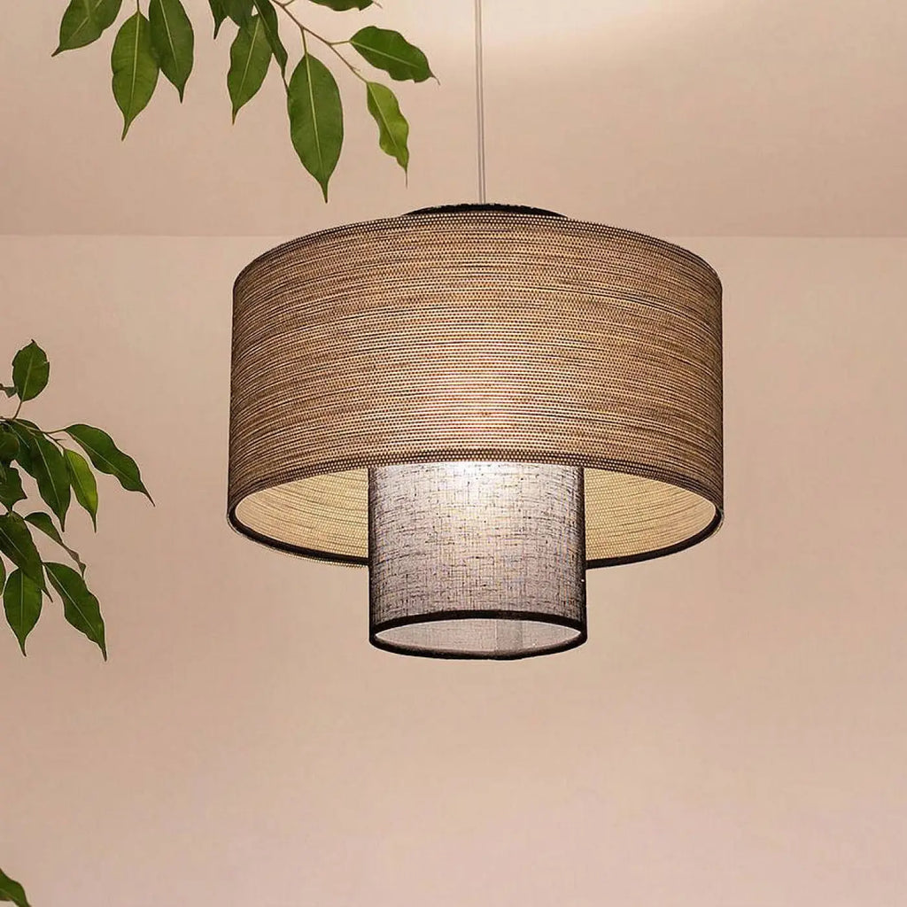 Suspension en tissu beige et noir à deux abat-jour