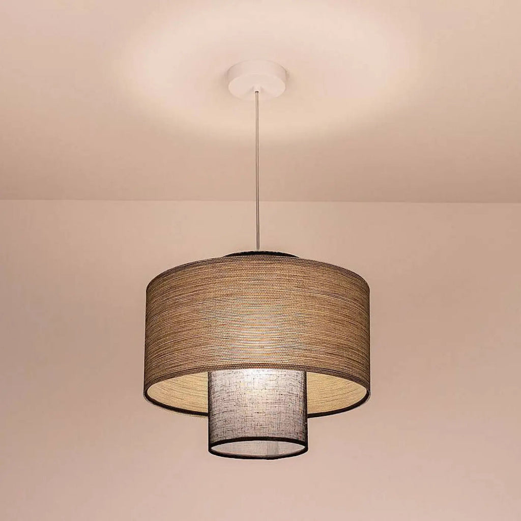 Suspension en tissu beige et noir à deux abat-jour